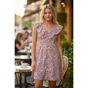 Davi & Dani Floral Romper S Ruffle Tie Back Button Front Praire Cottagecore Boho